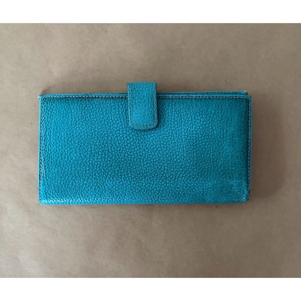 TUSK Teal Blue Pebbled Leather Slim Long Wallet Boho Artisan Chic Minimalist